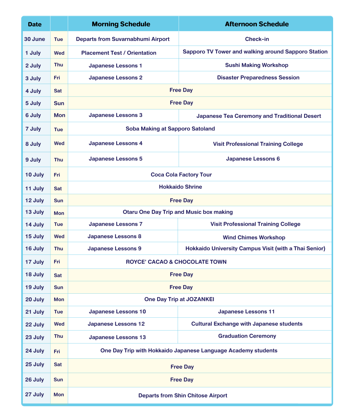 schedule for Hokkaido japanese camp 2026