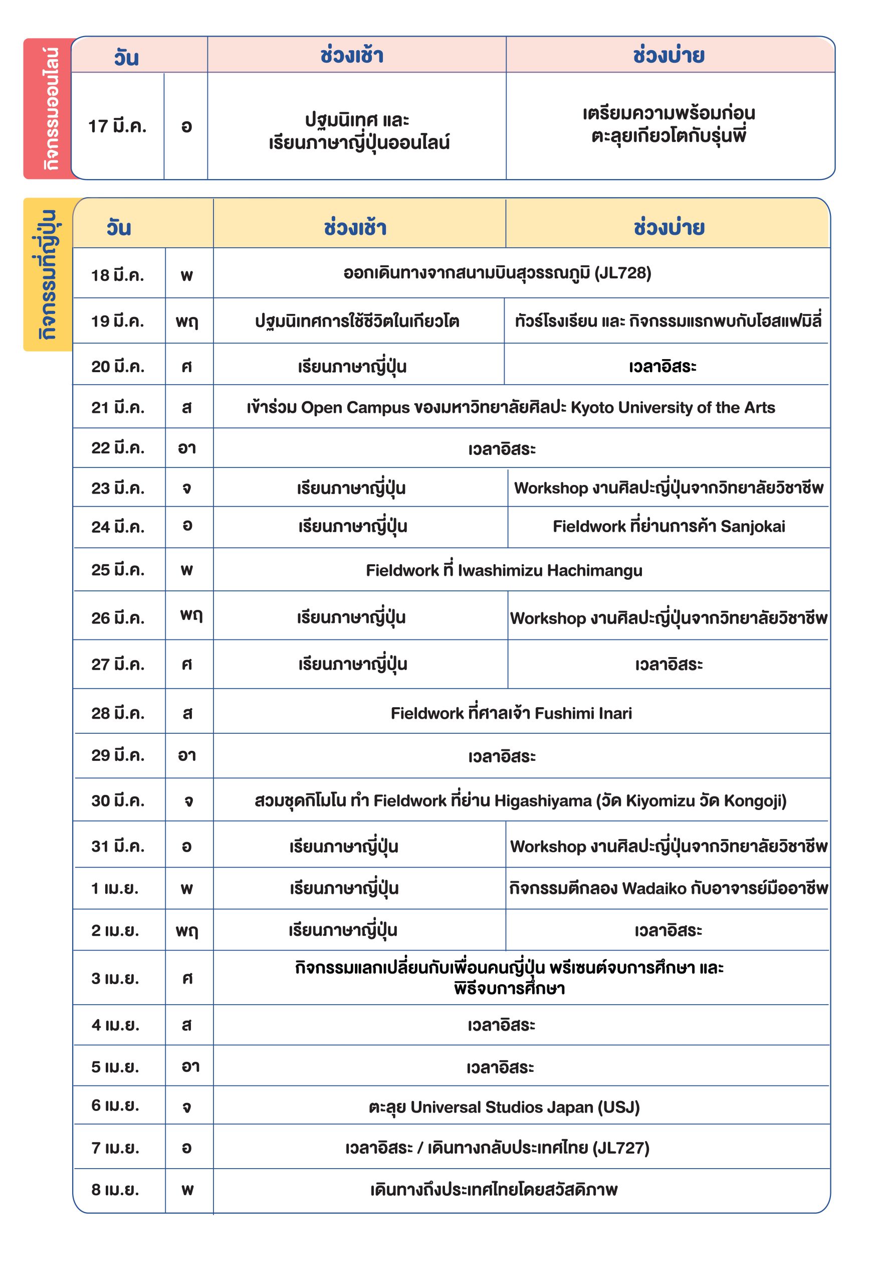 ตารางกิจกรรม Come Come Japanese camp 2026
