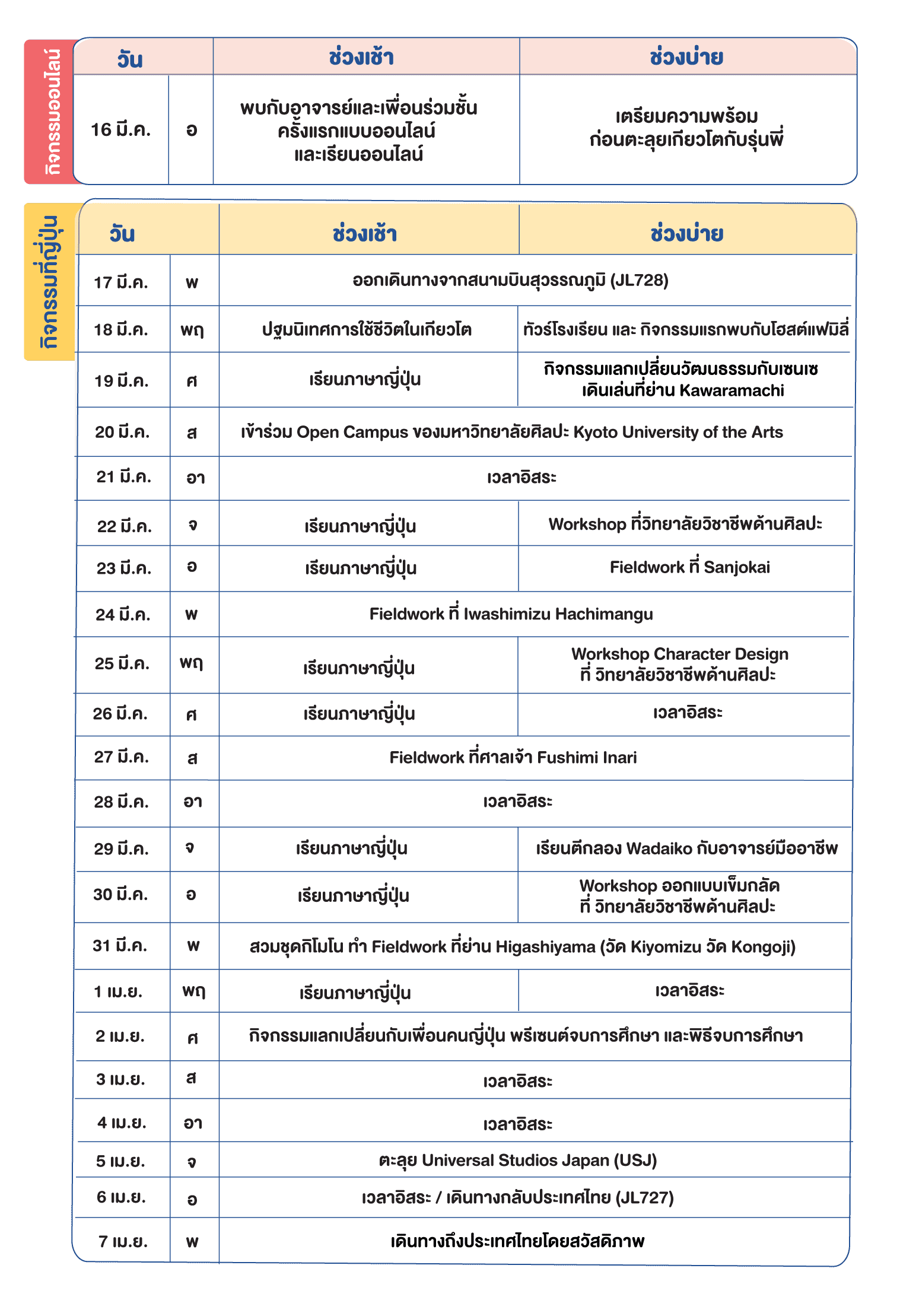 ตารางกิจกรรม Come Come Japanese Camp 2027 ค่ายเรียนภาษาที่เกียวโต